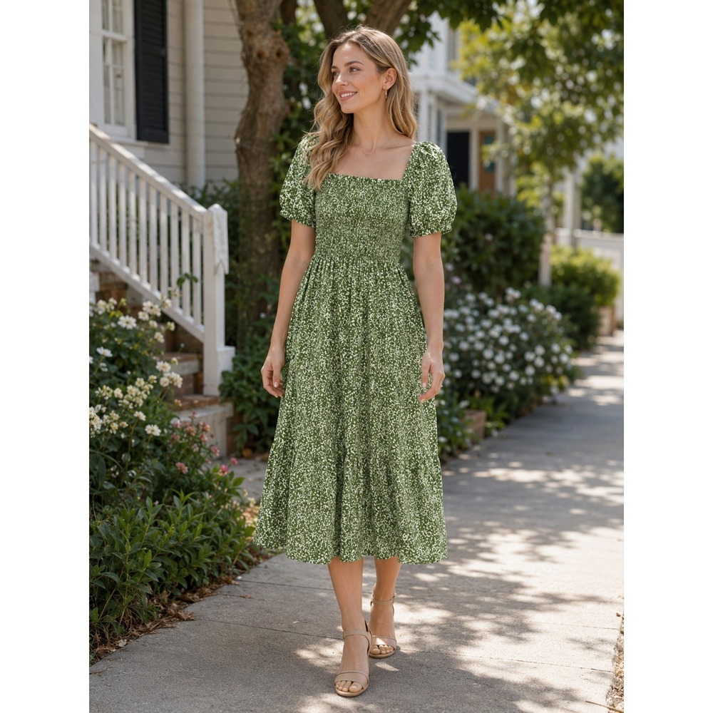 Abercrombie & Fitch Green Floral Linen Blend Smocked Puff Sleeve Midi Dress XL - Picture 11 of 12